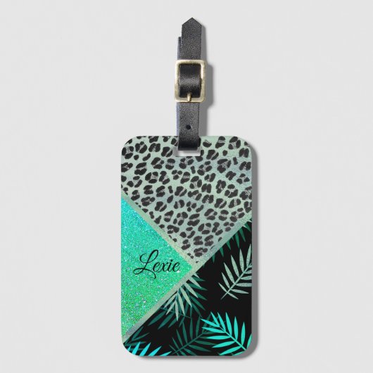 Gepersonaliseerd glitterachtige Blauwgroen tropisc Bagagelabel (Voorkant (verticaal))