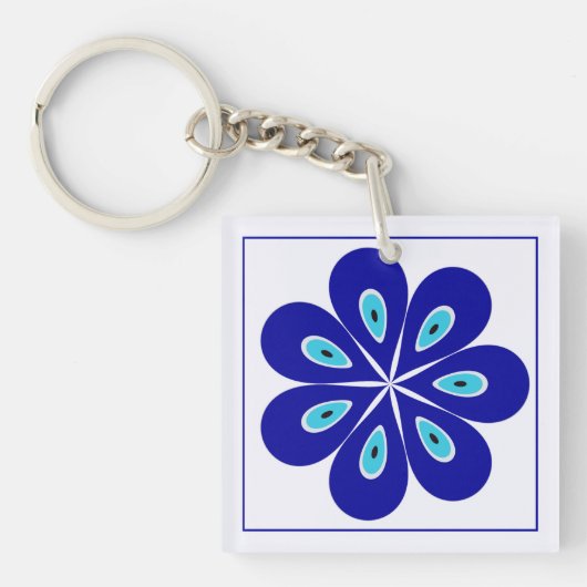 Gepersonaliseerd goede vibes, blauwe bloemen kwaad sleutelhanger (Voorkant)