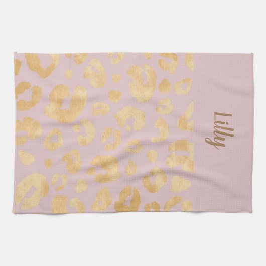 Gepersonaliseerd Golden Metallic Pink Cheetah Prin Theedoek (Horizontaal)