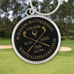 Gepersonaliseerd golfgat in één zwart en goud sleutelhanger<br><div class="desc">Pas de naam,  het nummer van de locatie en de datum van de opening aan om een groot hoopje te creëer om dat fantastische gat in één te vieren. Ontworpen door: Thisnotme©</div>