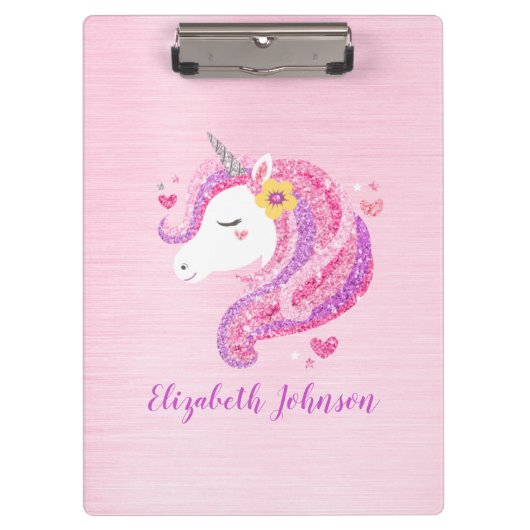 Gepersonaliseerd goochelroze glitter Unicorn gezic Klembord (Voorkant)