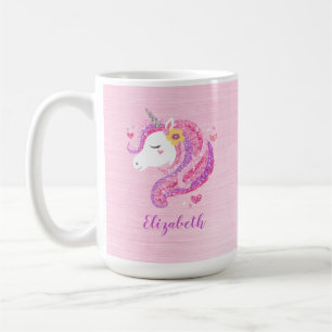 Gepersonaliseerd goochelroze glitter Unicorn gezic Koffiemok