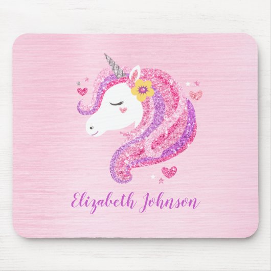 Gepersonaliseerd goochelroze glitter Unicorn gezic Muismat (Voorkant)