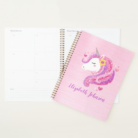 Gepersonaliseerd goochelroze glitter Unicorn gezic Planner (Display)