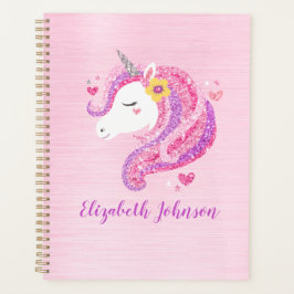 Gepersonaliseerd goochelroze glitter Unicorn gezic Planner