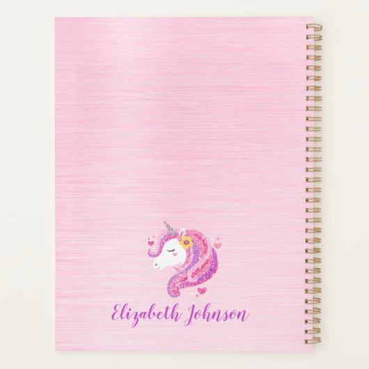 Gepersonaliseerd goochelroze glitter Unicorn gezic Planner (Achterkant)
