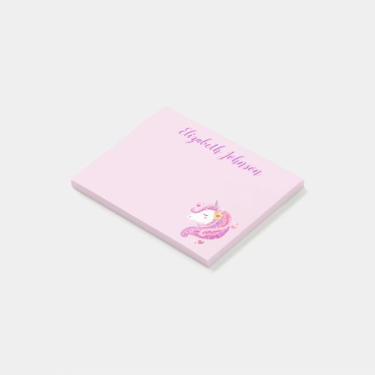 Gepersonaliseerd goochelroze glitter Unicorn gezic Post-it® Notes (Schuin)