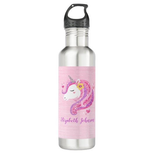 Gepersonaliseerd goochelroze glitter Unicorn gezic Waterfles (Voorkant)