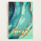 Gepersonaliseerd Goud Blauwgroen Blauw MARMER 2021 Planner (Voorkant)
