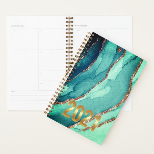 Gepersonaliseerd Goud Blauwgroen Blauw MARMER 2021 Planner (Display)