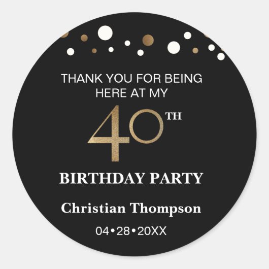 Gepersonaliseerd goud en zwart thema, 40e verjaard ronde sticker (Voorkant)