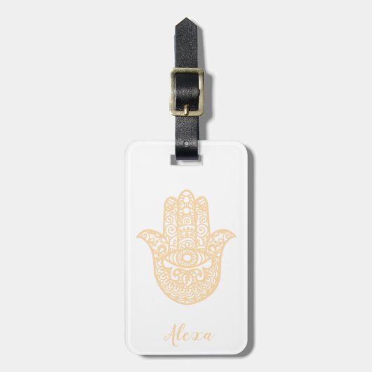 Gepersonaliseerd goud geluk geschenk hamsa hand bagagelabel (Voorkant verticaal)
