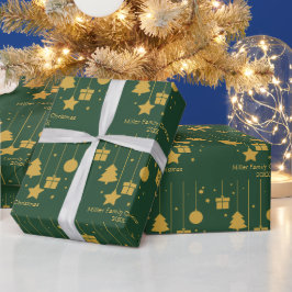 Gepersonaliseerd Goud Groen Ornament Kerst Cadeaupapier