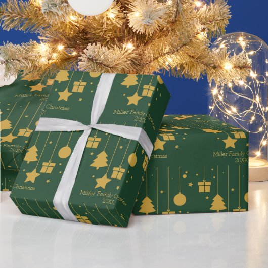 Gepersonaliseerd Goud Groen Ornament Kerst Cadeaupapier (Feestdagen)