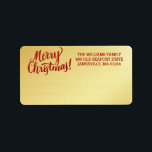 Gepersonaliseerd Goud Merry Christmas Mailing Labe Etiket<br><div class="desc">Gladde gouden achtergrond combineert met een prachtig rood script Merry Christmas to creëer een gedurfd en traditioneel kerstmailinglabel. Uw adres is naast de Merry Christmas en is gemakkelijk aan te passen.</div>