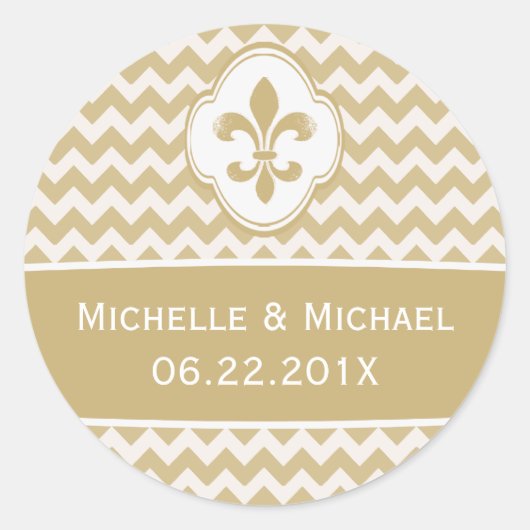 Gepersonaliseerd goud wit Fleur de Lis Chevron Ronde Sticker (Voorkant)