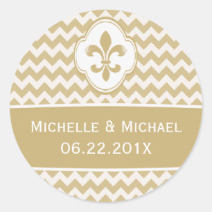 Gepersonaliseerd goud wit Fleur de Lis Chevron Ronde Sticker