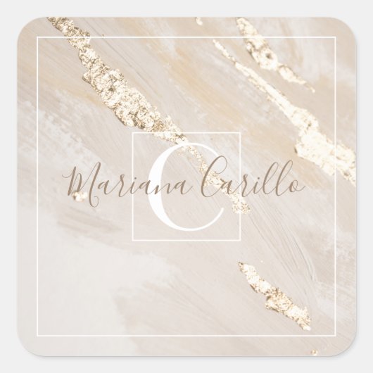 Gepersonaliseerd goudmarmer vierkante sticker (Voorkant)