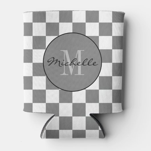 Gepersonaliseerd grijs en wit Checkerboard Patroon Blikjeskoeler (Voorkant)