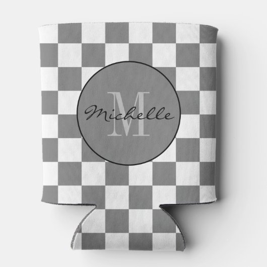 Gepersonaliseerd grijs en wit Checkerboard Patroon Blikjeskoeler (Achterkant)