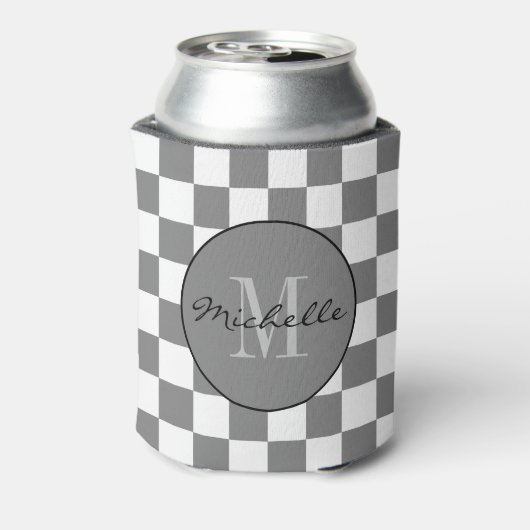Gepersonaliseerd grijs en wit Checkerboard Patroon Blikjeskoeler (Blikje Achterkant)