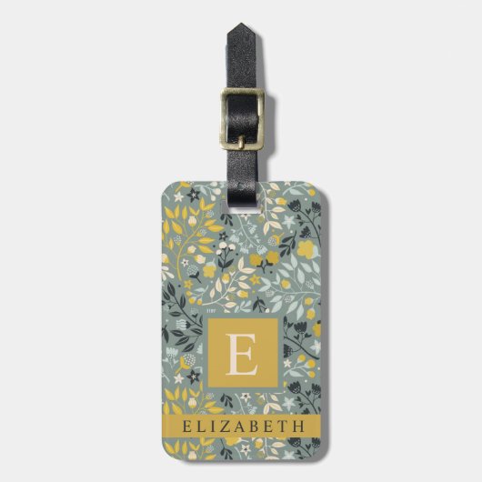 Gepersonaliseerd Grijs Groen Bloemen Blauw Geel Bagagelabel (Voorkant verticaal)