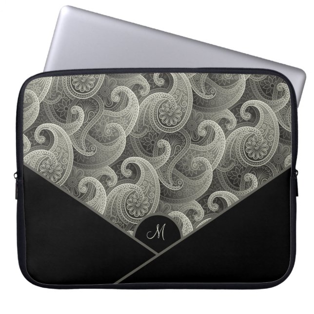 Gepersonaliseerd grijs paisleypatroon met monogram laptop sleeve (Voorkant)