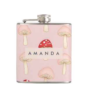 Gepersonaliseerd grillig rood roze paddenstoelenpa heupfles