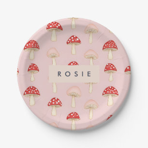 Gepersonaliseerd grillig rood roze paddenstoelenpa papieren bordje