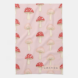 Gepersonaliseerd grillig rood roze paddenstoelenpa theedoek