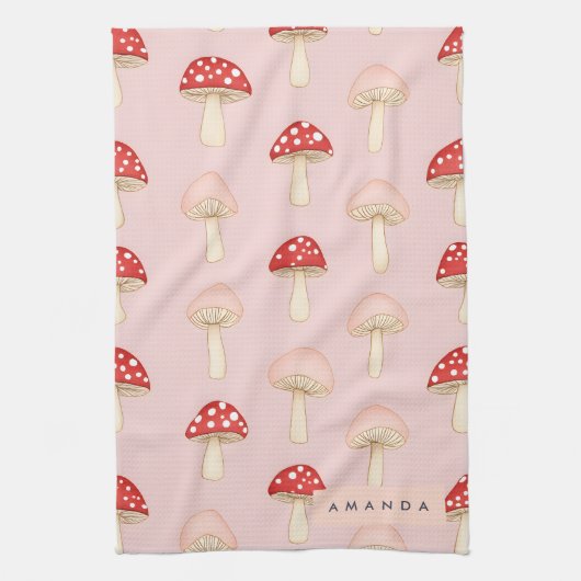 Gepersonaliseerd grillig rood roze paddenstoelenpa theedoek (Verticaal)