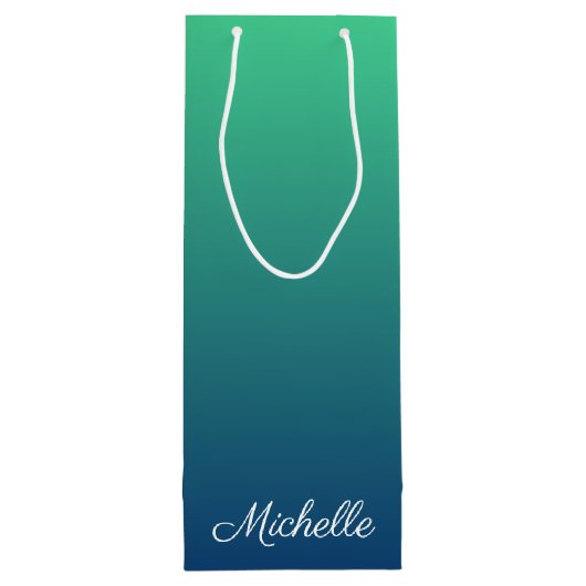 Gepersonaliseerd groen en blauw ombre wijn cadeautas (Achterkant)