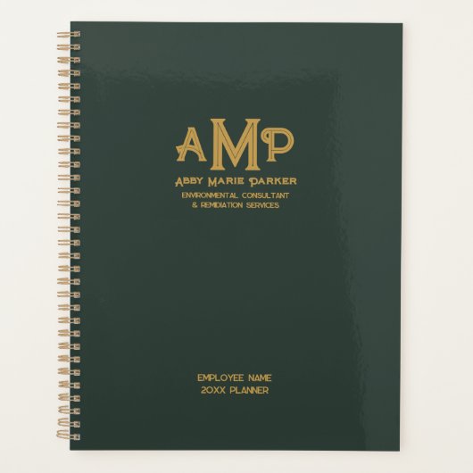 Gepersonaliseerd Groen en Goud 3 Letter Monogram L Planner (Voorkant)