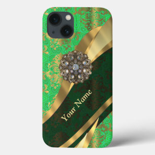 Gepersonaliseerd groen en goud damast patroon iPhone 13 hoesje