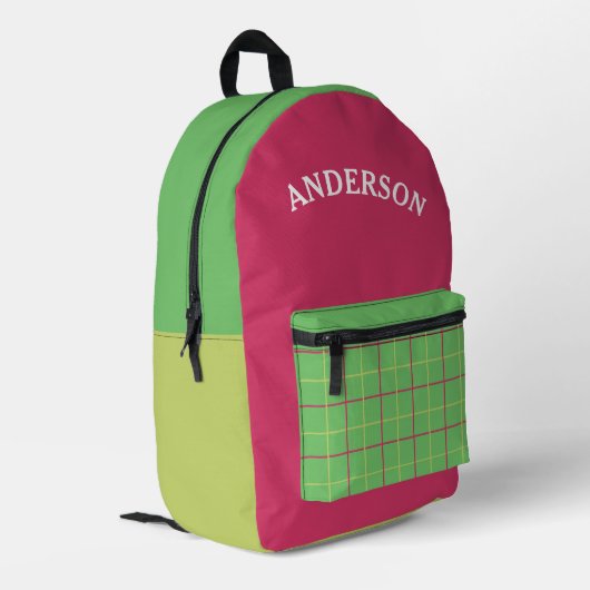 Gepersonaliseerd groen en roze gingham geplakt pat bedrukte rugzak (Achterkant Hoek Links)