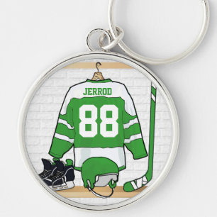 Gepersonaliseerd groen en wit ijs Hockey Jersey Sleutelhanger