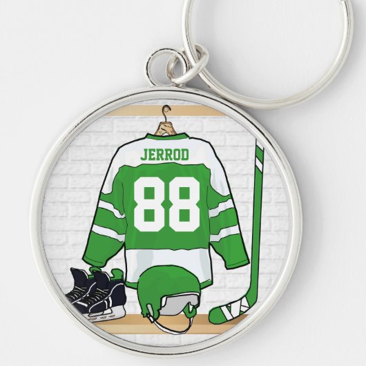 Gepersonaliseerd groen en wit ijs Hockey Jersey Sleutelhanger (Voorkant)