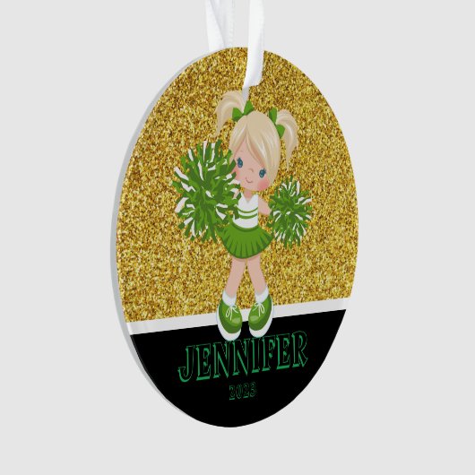 Gepersonaliseerd Groen & Goud Cheerleading Ornamen Ornament (voorkant)