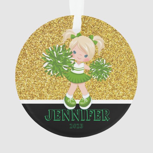 Gepersonaliseerd Groen & Goud Cheerleading Ornamen Ornament (achterkant)