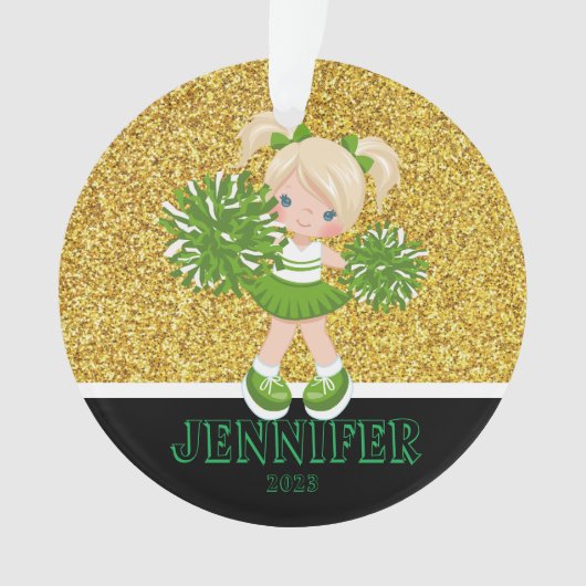 Gepersonaliseerd Groen & Goud Cheerleading Ornamen Ornament (voorkant)