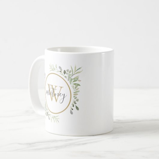 Gepersonaliseerd groen goud monogram script koffiemok (Voorkant links)