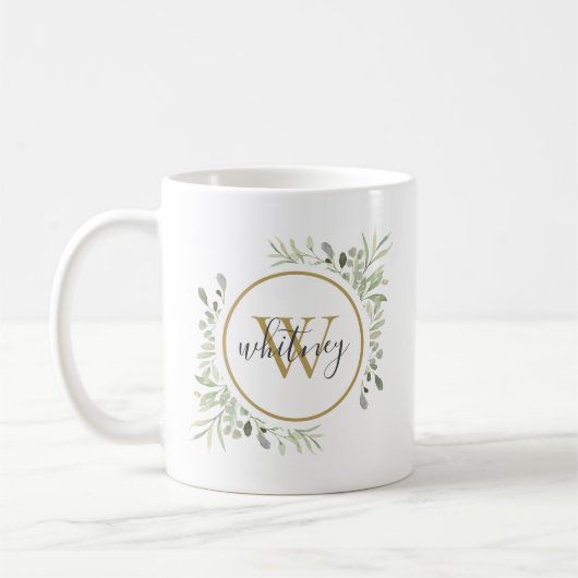 Gepersonaliseerd groen goud monogram script koffiemok (Links)