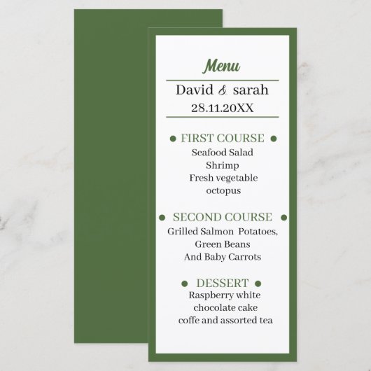 Gepersonaliseerd groen huwelijksdiner menu (Voorkant / Achterkant)