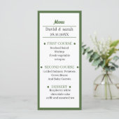 Gepersonaliseerd groen huwelijksdiner menu (Staand voorkant)