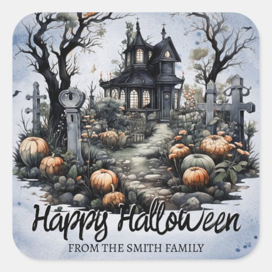 Gepersonaliseerd Halloween Haunted House Vierkante Sticker (Voorkant)