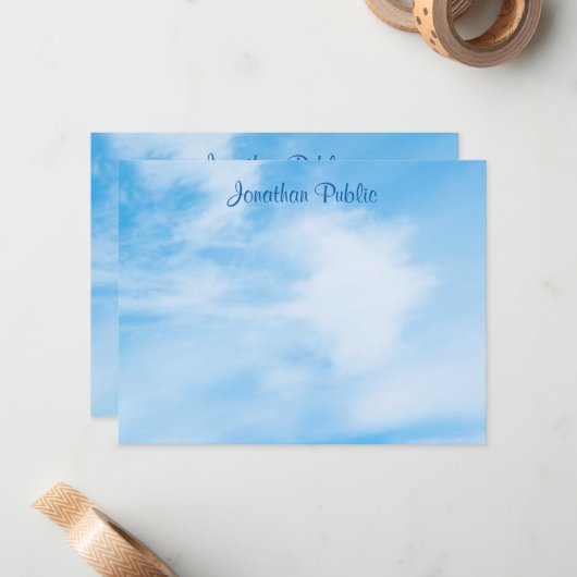 Gepersonaliseerd handschrift Script naam Blue Sky Notitiekaartje (Voorkant / Achterkant in situ)