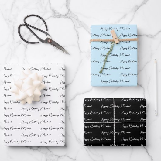 Gepersonaliseerd Happy Birthday Blue, Black en Whi Inpakpapier Vel (Voorkant)
