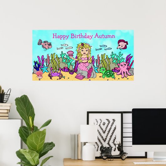 Gepersonaliseerd Happy Birthday Mermaid Poster (Thuiskantoor)