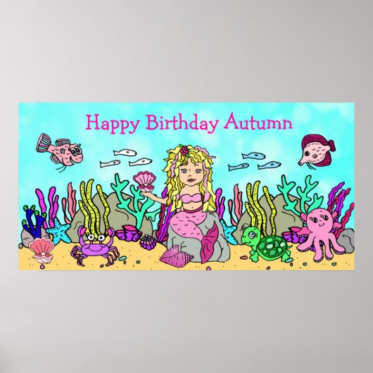 Gepersonaliseerd Happy Birthday Mermaid Poster (Voorkant)