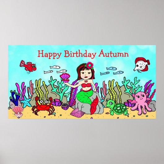 Gepersonaliseerd Happy Birthday Mermaid Poster (Voorkant)